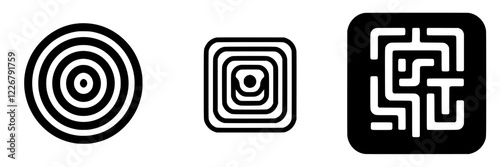Geometric patterns featuring concentric circles and square designs in black and white