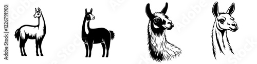 Diverse artistic representations of llamas in various poses and styles showcasing their unique features