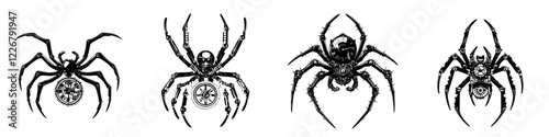 Enticing black and white illustrations of spiders showcasing unique designs and patterns