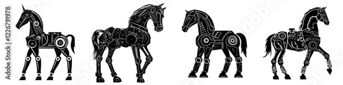 Stylized robotic horses showcasing different designs and mechanical features in a creative illustration