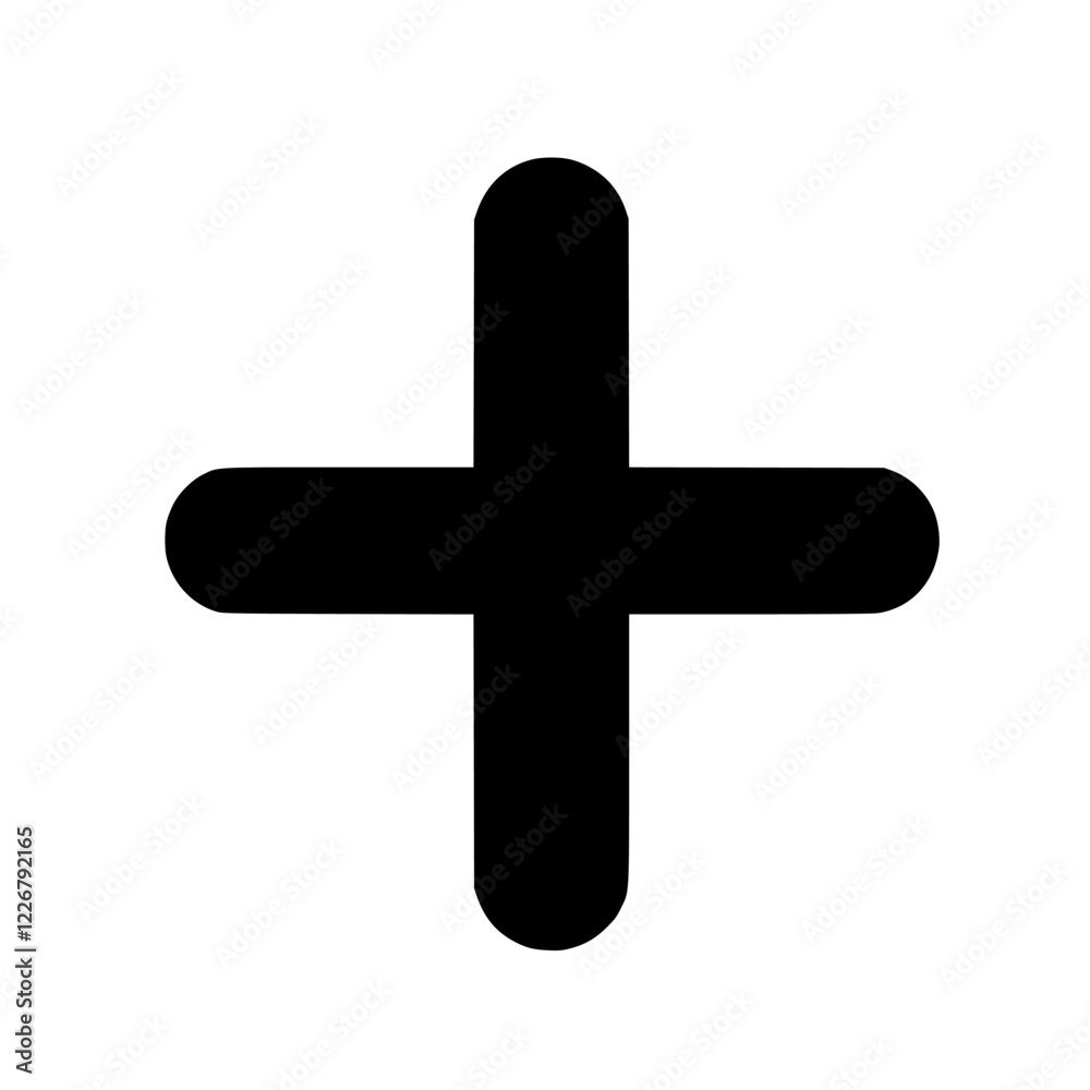 Black cross symbol against a white background representing addition or positive values in design and art context Black cross symbol against a white background representing addition or positive values in design and art context
