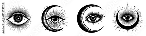Intricate black and white celestial symbols depicting eyes and moons with rays of light