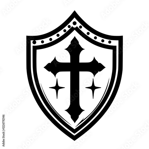 Shield design featuring a cross and decorative elements on a white background