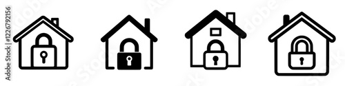Different styles of house icons with locks representing security and protection for homes
