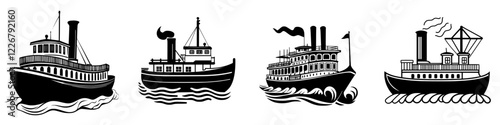 Different styles of vintage steam boats showcased in a creative design for maritime enthusiasts and art lovers