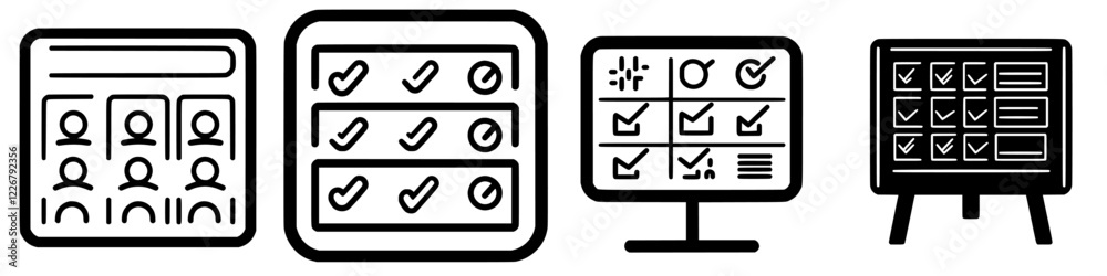 Digital icons representing task management, collaboration, and reporting workflows in a modern office setting Digital icons representing task management, collaboration, and reporting workflows in a modern office setting