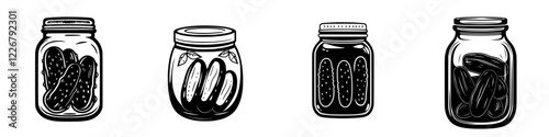 Multiple jars with pickles displayed in black and white against a plain background showing different styles