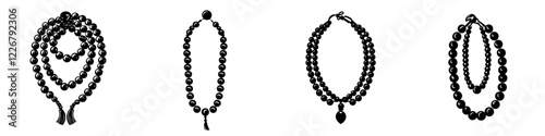 Unique black beaded necklaces displayed in an artistic arrangement showcasing craftsmanship and design creativity
