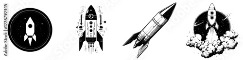 Various rocket illustrations showcasing different styles, designs, and artistic interpretations in black and white
