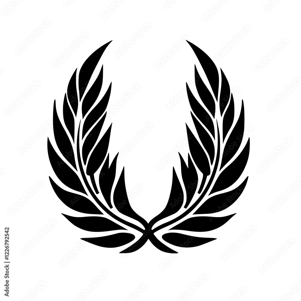 Black graphic design featuring a stylized laurel leaf emblem on a white background representing achievement and victory Black graphic design featuring a stylized laurel leaf emblem on a white background representing achievement and victory