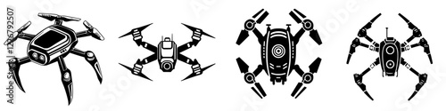 Multiple robotic designs showcasing innovative drone technology with various shapes and functionalities