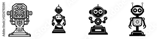 Collection of vintage robot illustrations in black and white showcasing different designs and styles