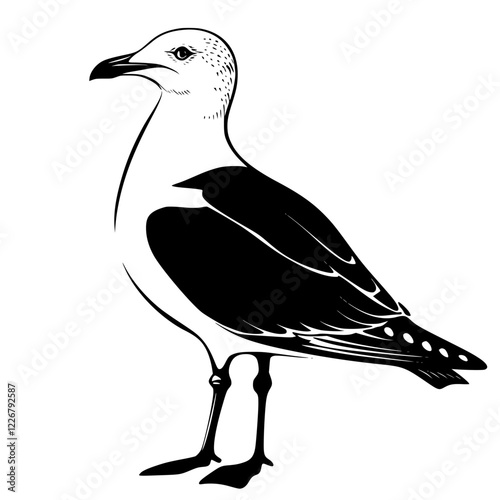 Seagull standing on the shore with a backdrop of coastal rocks and ocean waves during daytime