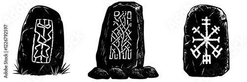 Ancient runestones with intricate designs located in an archaeological site depicting historical significance