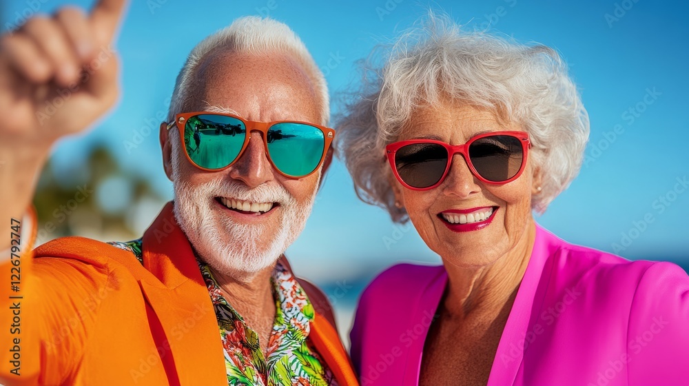 Man and a woman are smiling and wearing sunglasses. The man is wearing a floral shirt and the woman is wearing a pink jacket Man and a woman are smiling and wearing sunglasses. The man is wearing a floral shirt and the woman is wearing a pink jacket