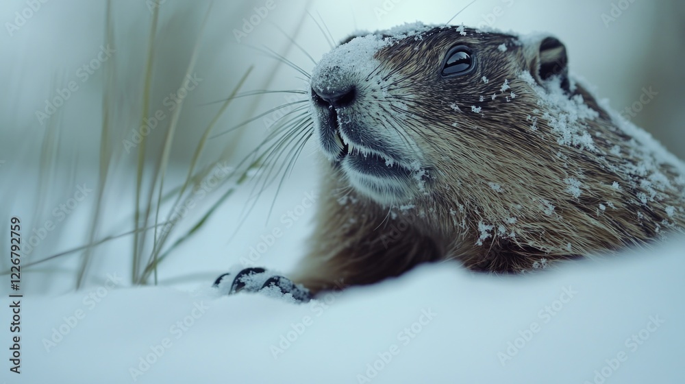 A small rodent sits in the snow, providing an intimate view of its winter habitat A small rodent sits in the snow, providing an intimate view of its winter habitat