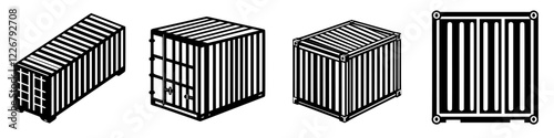 Various designs of shipping containers showcased in a minimalistic style for transportation and logistics