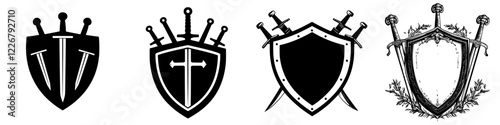 Various designs of shields with swords, showcasing medieval themes and styles for decoration and symbolism