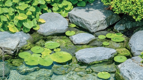 Serene garden pond with lily pads, rocks, and lush greenery. Peaceful scene for relaxation