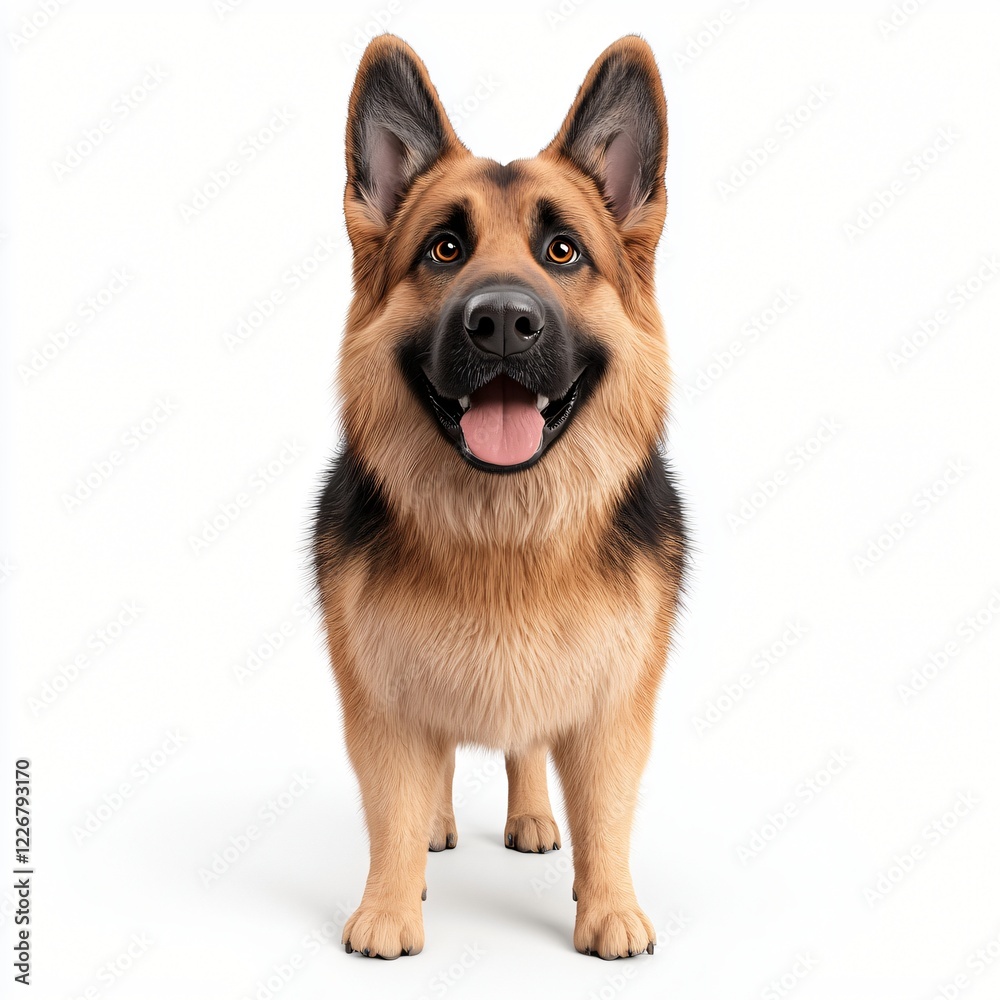 Happy German Shepherd Dog Standing Full Body Fluffy Fur White Background Happy German Shepherd Dog Standing Full Body Fluffy Fur White Background