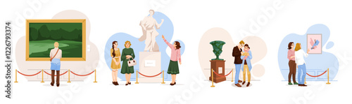 People admiring paintings, sculptures, and exhibits in a museum, minimalistic style, white background. Concept of art appreciation. Vector illustration.