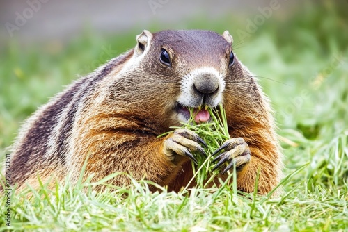Groundhog munching on grass in a sunny meadow