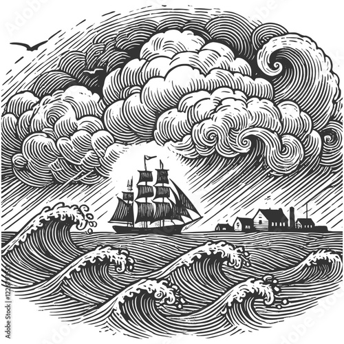 tall sailing ships navigating stormy seas, with dramatic clouds and waves, evoking maritime adventure sketch engraving generative ai vector illustration. Scratch board imitation. Black and white image