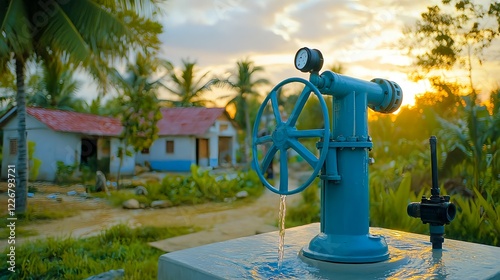 rustic water pump sunset rural village - golden hour photography photo