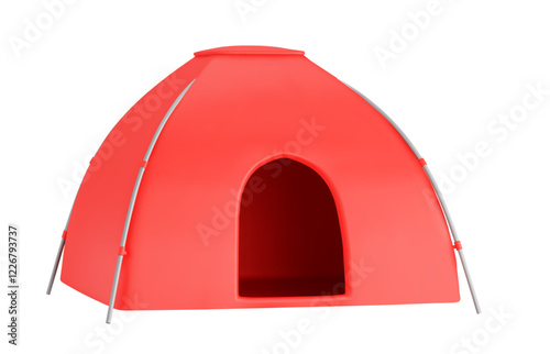 3d red tent for summer holidays. A convenient shelter for traveling and camping. Stock vector illustration on isolated background.