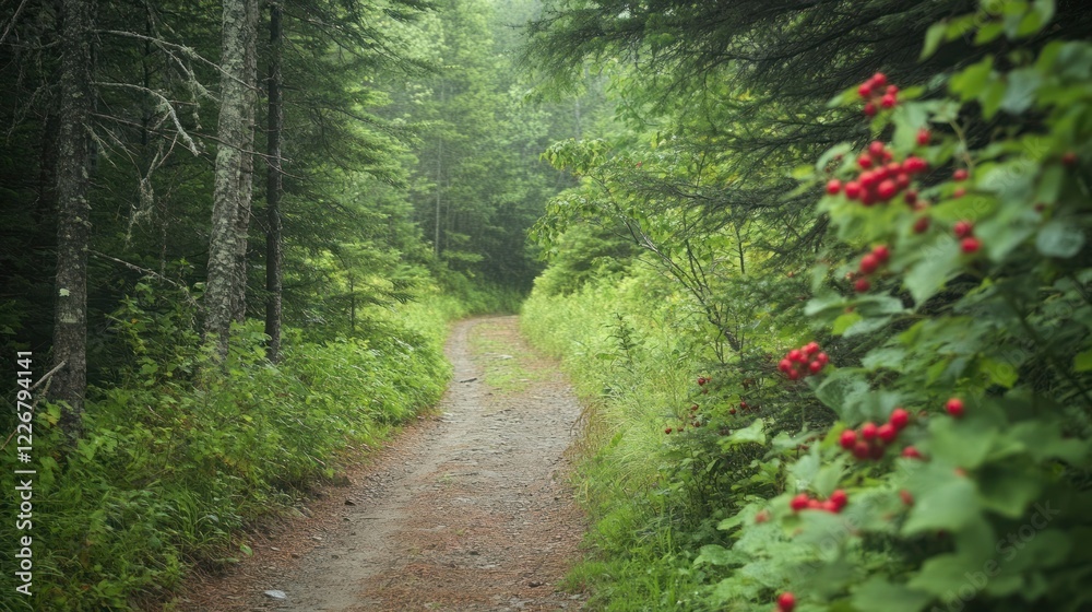Obraz premium A narrow dirt path winds through a lush forest with vibrant green foliage and red berries