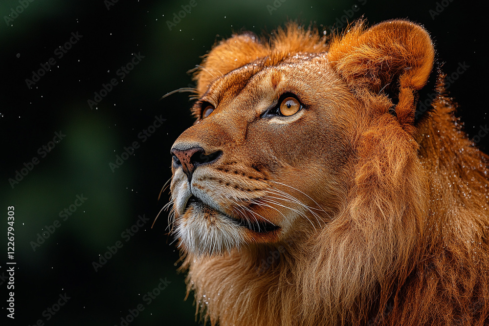 Fototapeta premium Majestic Young Lion Gazing Upwards Amidst Falling Rain