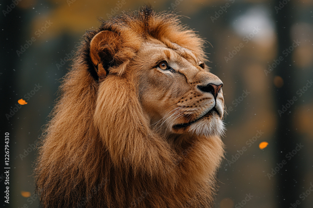Majestic Male Lion Gazing Upwards In Autumn Woods Majestic Male Lion Gazing Upwards In Autumn Woods