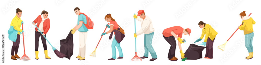 People cleaning outdoors with rakes and garbage bags on a white background. Concept of teamwork, volunteering, and cleanliness. Vector illustration People cleaning outdoors with rakes and garbage bags on a white background. Concept of teamwork, volunteering, and cleanliness. Vector illustration