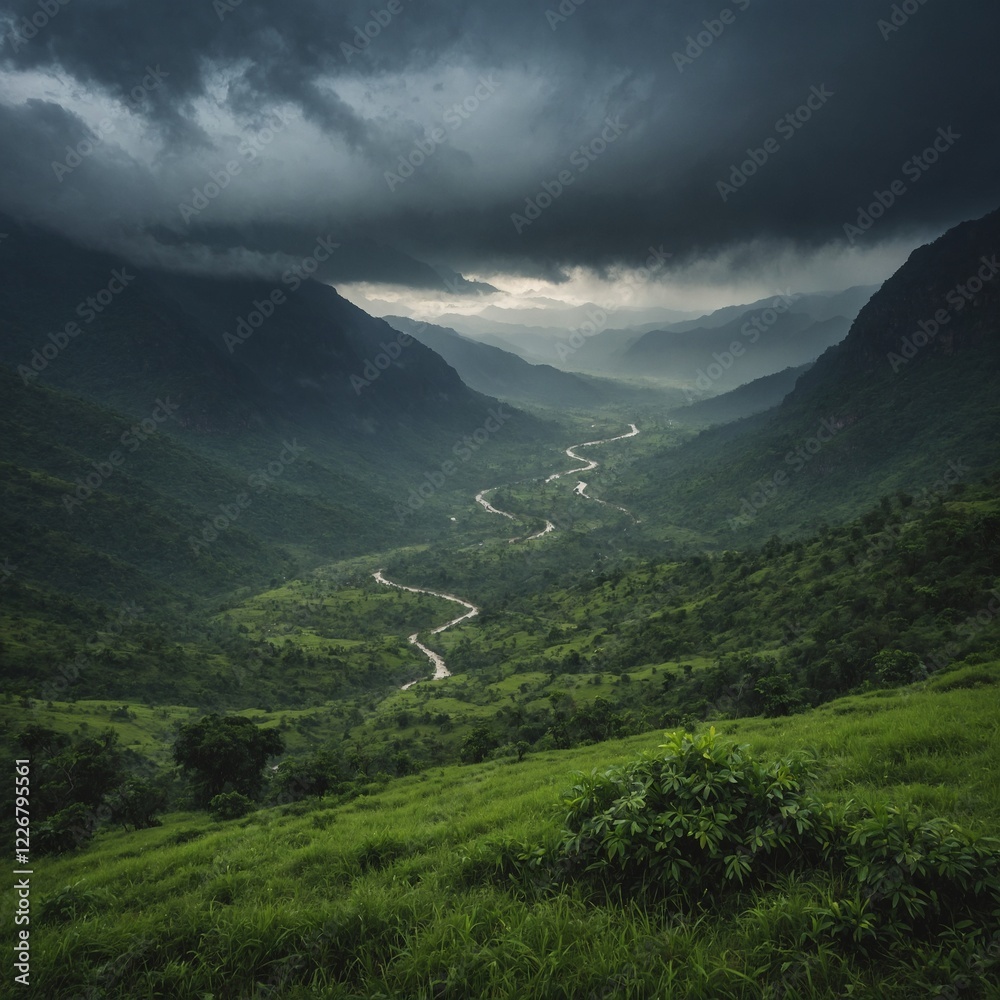Obraz premium A valley in monsoon season, with heavy clouds and misty air.