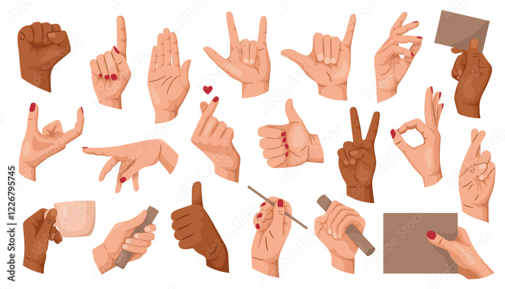 Collection of diverse hand gestures in different poses, colorful style on white background. Concept of communication and expressions. Vector illustration Collection of diverse hand gestures in different poses, colorful style on white background. Concept of communication and expressions. Vector illustration