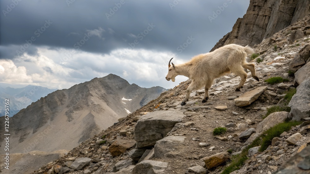 Naklejka premium A photograph captures a majestic white mountain goat traversing a rocky