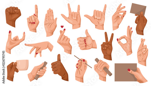 Collection of diverse hand gestures in different poses, colorful style on white background. Concept of communication and expressions. Vector illustration
