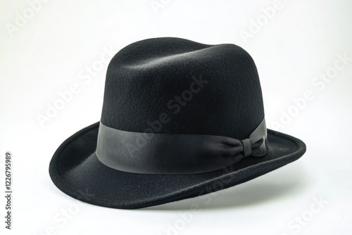 A close-up image of a black hat with a decorative bow on a white background photo