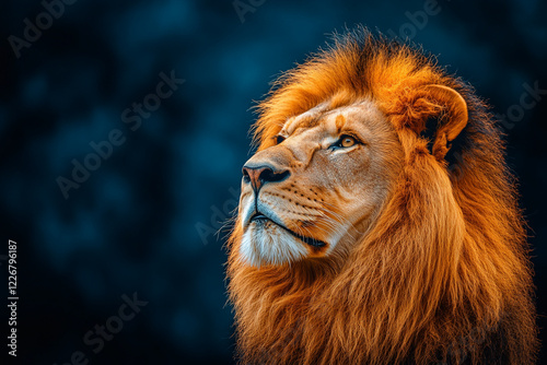Majestic Lion Gazing Upwards Against Dark Background