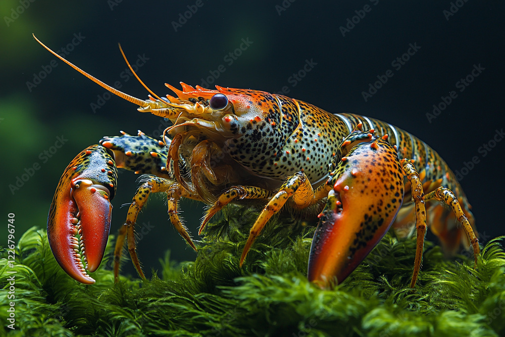 A Vibrant Orange And Black Crayfish On Moss A Vibrant Orange And Black Crayfish On Moss