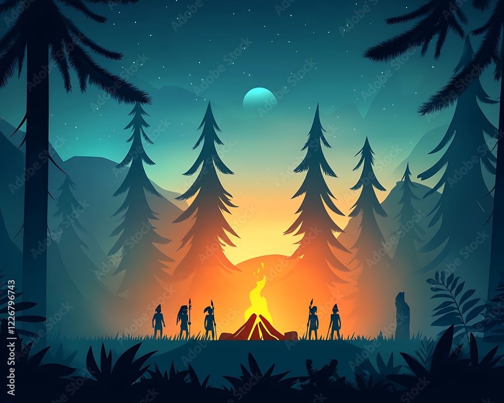 Serene Campfire Scene in a Forest at Night Serene Campfire Scene in a Forest at Night