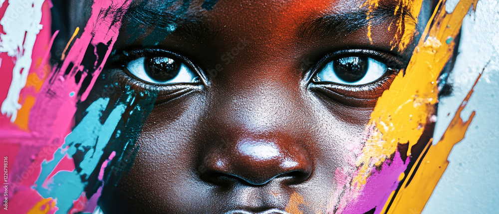 Obraz premium Vibrant graffiti portrait of an African child showcasing urban street art in a colorful expression of culture and identity