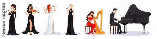 Female musicians and a pianist performing with instruments and microphones in elegant dresses on a white background. Music concept. Vector illustration.