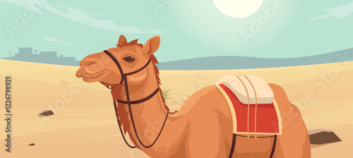 Camel with a saddle in a sunny desert landscape, distant buildings and plants in the background, concept of desert life. Vector illustration