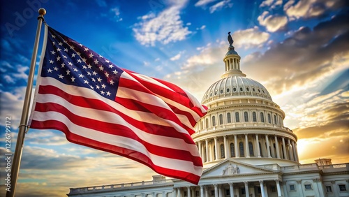 US Flag Flying Over Capitol Building - AI Photo