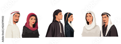 Illustration of Arab men and women in traditional attire, diverse expressions, white background. Concept of cultural diversity. Vector illustration.