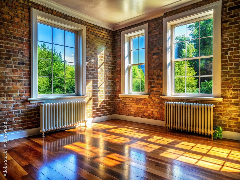 Obraz premium Vacant Room Staging - Vintage Brick Fireplace & Radiator