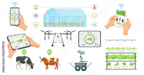 Smart farming tools, including drones, apps, greenhouses, and robots, depicted on a white background. Concept of precision agriculture. Vector illustration