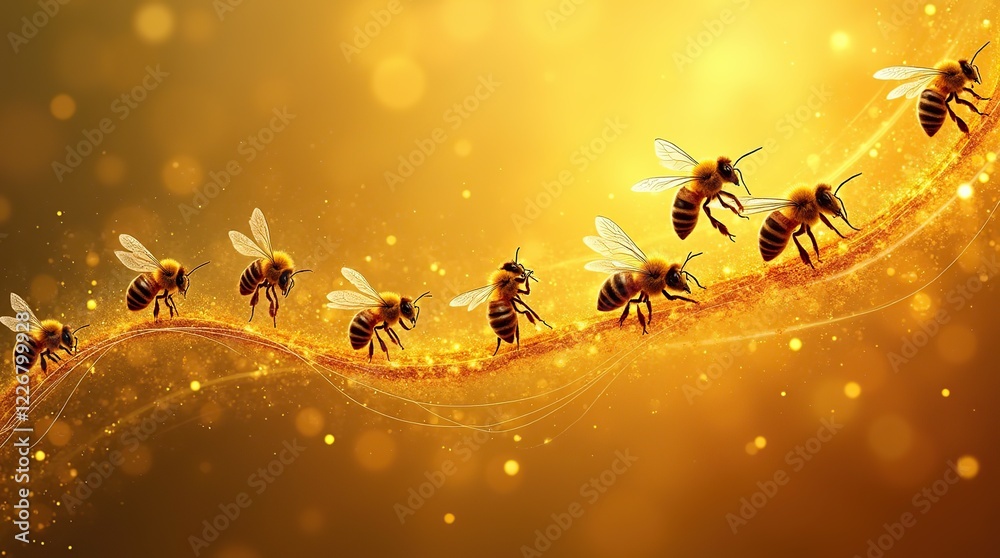 Fototapeta premium Group of Honeybees Flying Along a Golden Path with Sparkling Background
