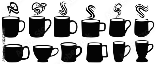 set vector Coffee cup silhouette icon. Hot drink. coffee steam symbol coffee mug design illustration vector